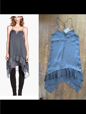 NWT Stunning Asymmetrical Pleat Hem  A-Line Charcoal Dress. Size 4.